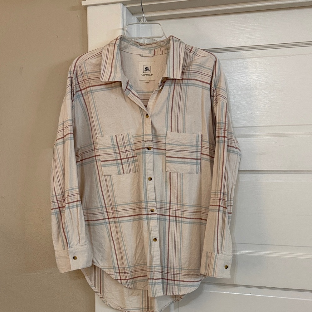 Rip Curl Cream Flannel Button Down Shirt w/Red & Blue Stripes Sz Small
